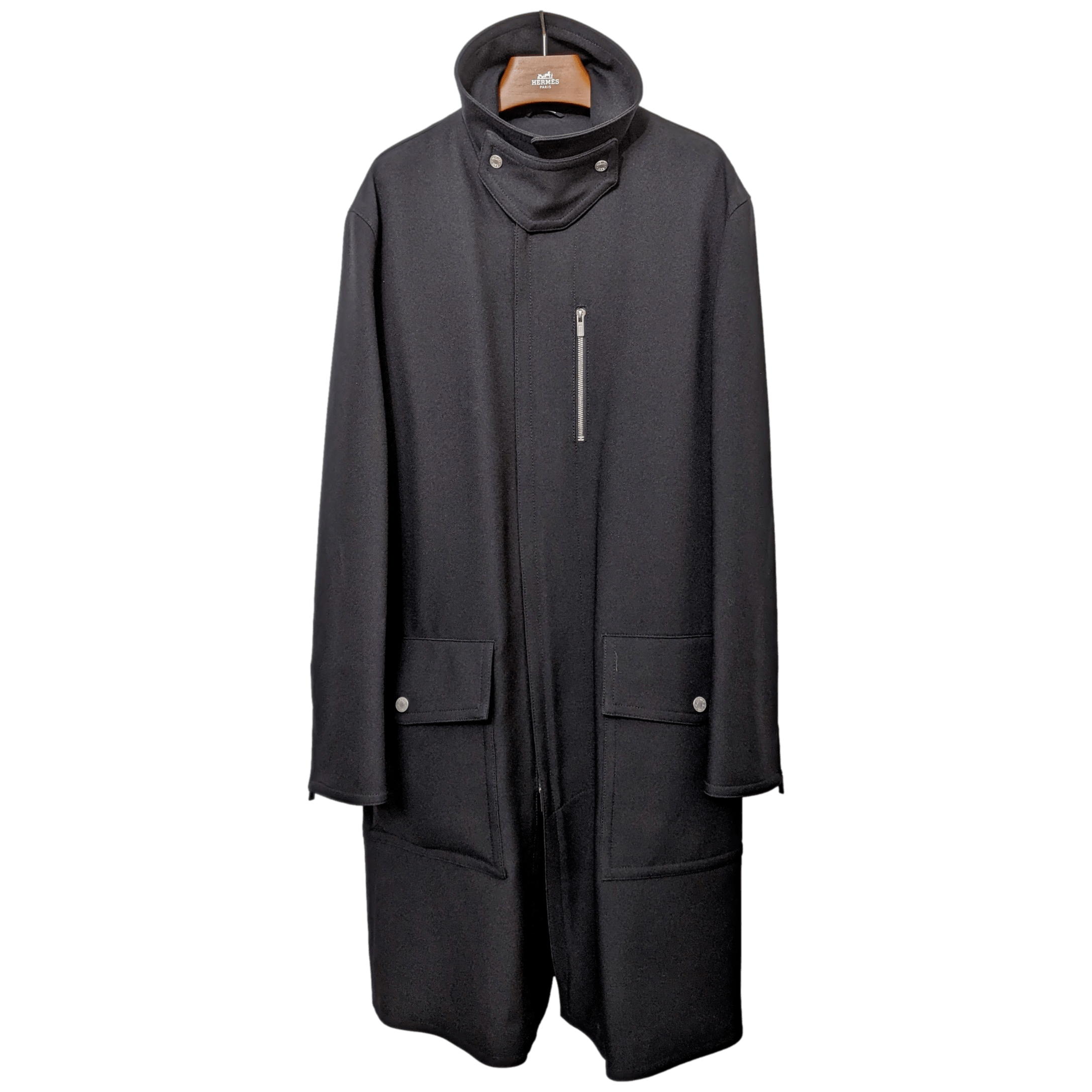 HERMES 2022 F/W Men's Black Wool Gabardine Trench Coat Sz48