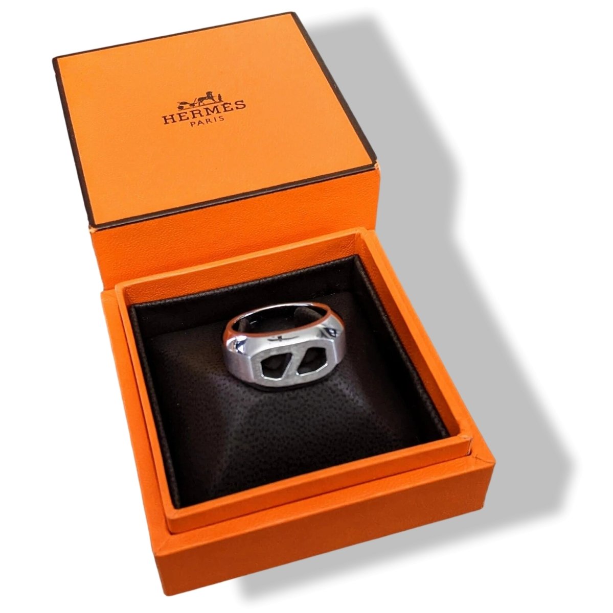 Hermes Men's Brushed/Shiny Stainless Steel DELTA Unisex Ring Sz60, NIB! - poupishop