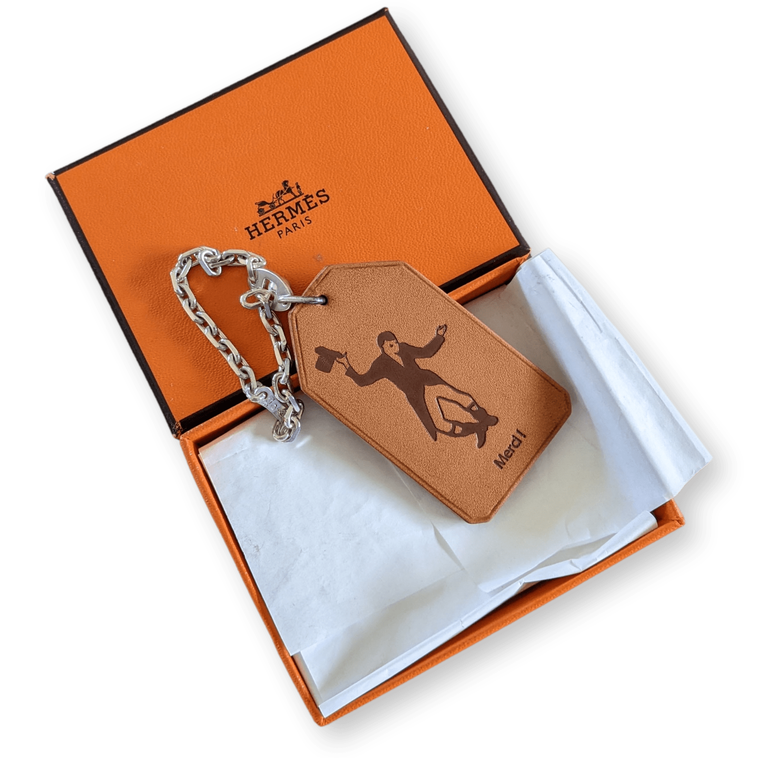 HERMES " Merci ! " Barenia Leather/Sterling Silver Keyring Porte-Clefs