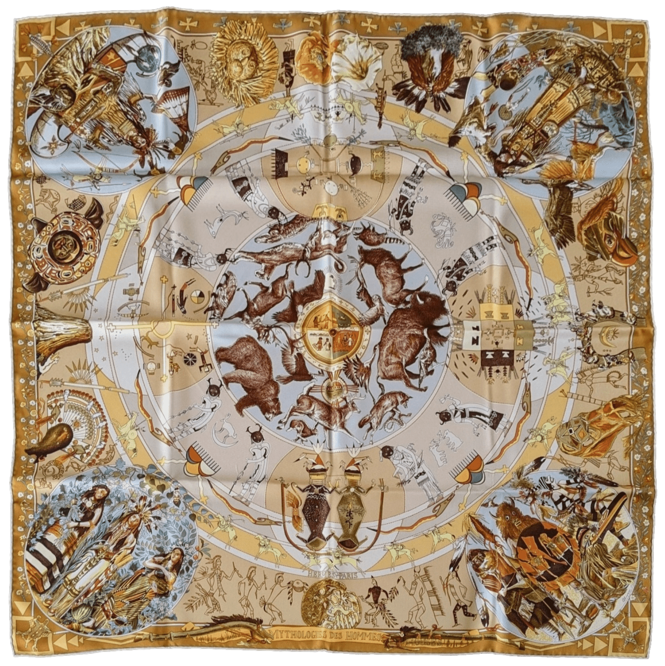 HERMES 1999 Mythologies des Hommes Rouges Celadon/Yellow Twill 90 x 90 cm