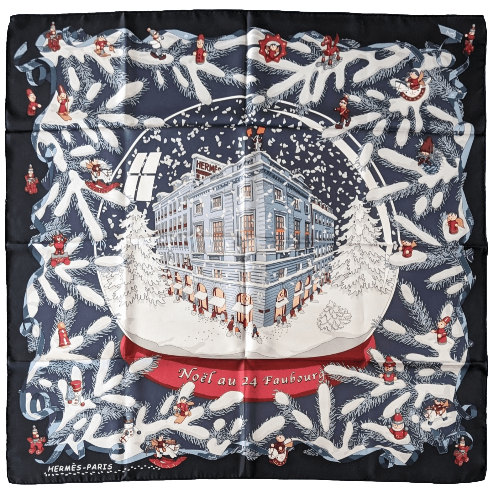 HERMES Black NOEL AU 24 FAUBOURG by Dimitri Rybaltchenko Twill Silk Carre 90 x 90 cm