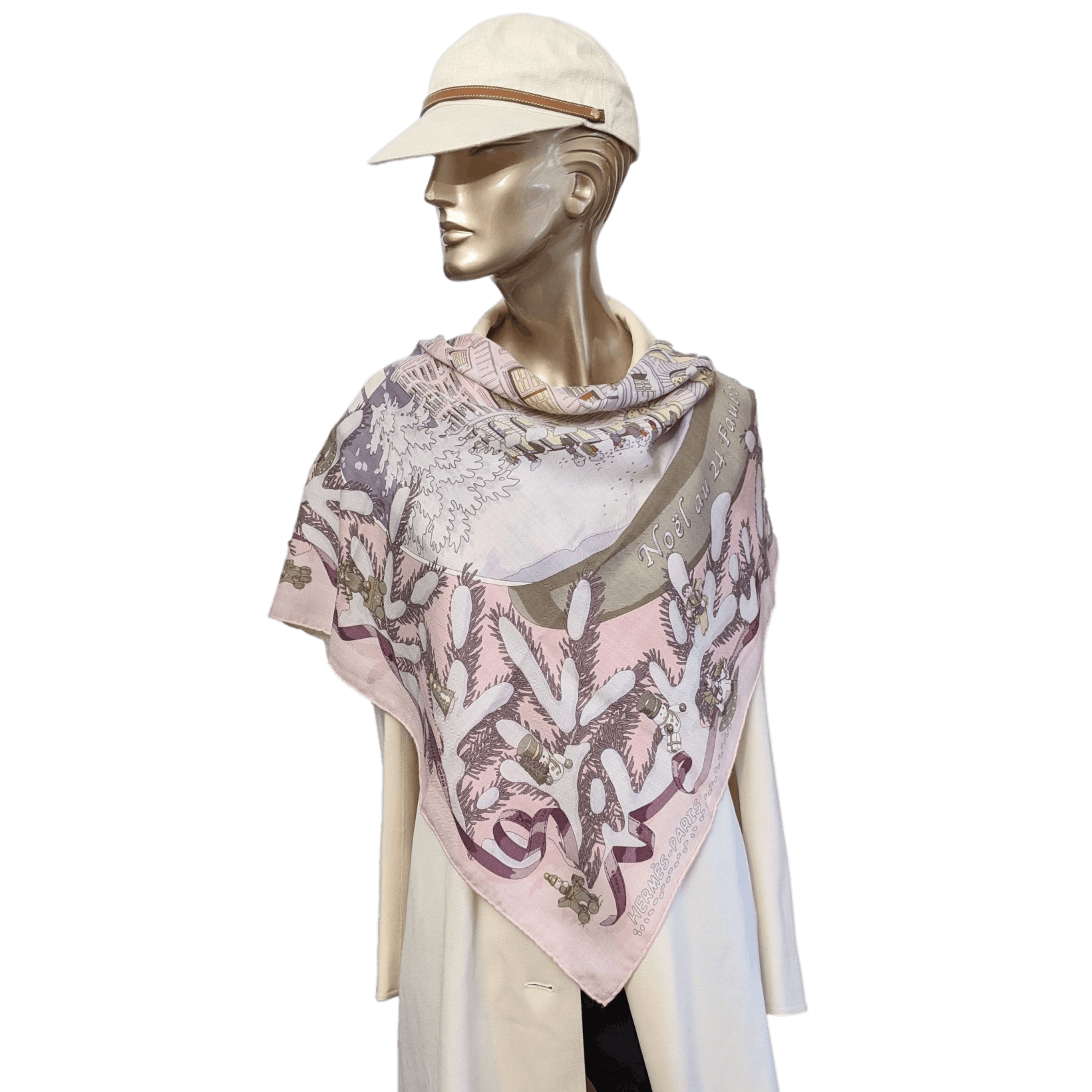 HERMES Noel au Faubourg 24 Pink Cashmere Scarf 90