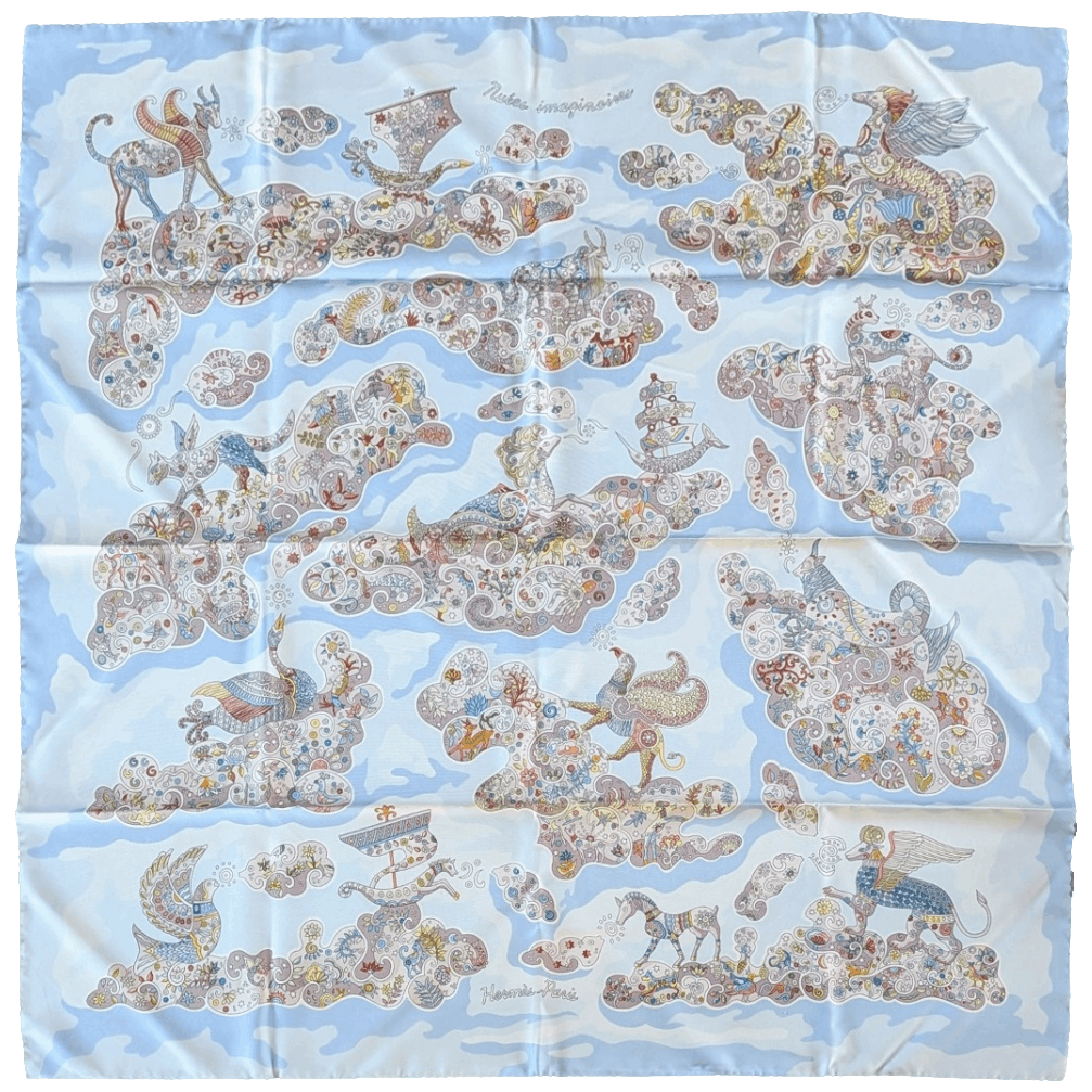 HERMES Nuees Imaginaires Christine Henry Silk Scarf 90 Light Blue Green 2011 Box Rare