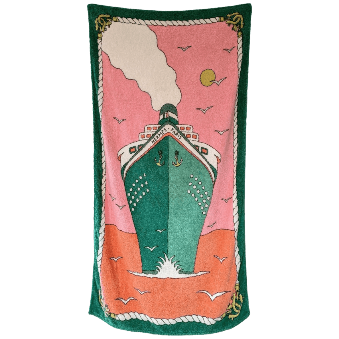 HERMES Ocean Liner Paquebot Beach Towel Green Pink GM 90 x 150 cm