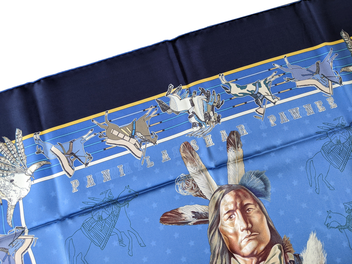 HERMES Bleu PANI LA SHAR PAWNEE by Kermit Oliver DOUBLE FACE Twill Scarf 90 x 90 cm, NIB