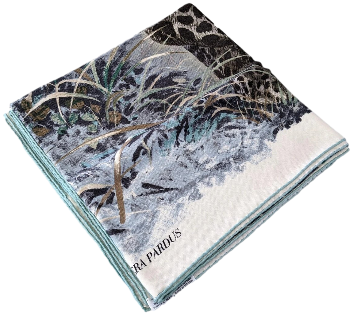 Hermes 2016 Blanc/Anthracite/Vert "Panthera Pardus" by Robert Dallet Cashmere Shawl 140