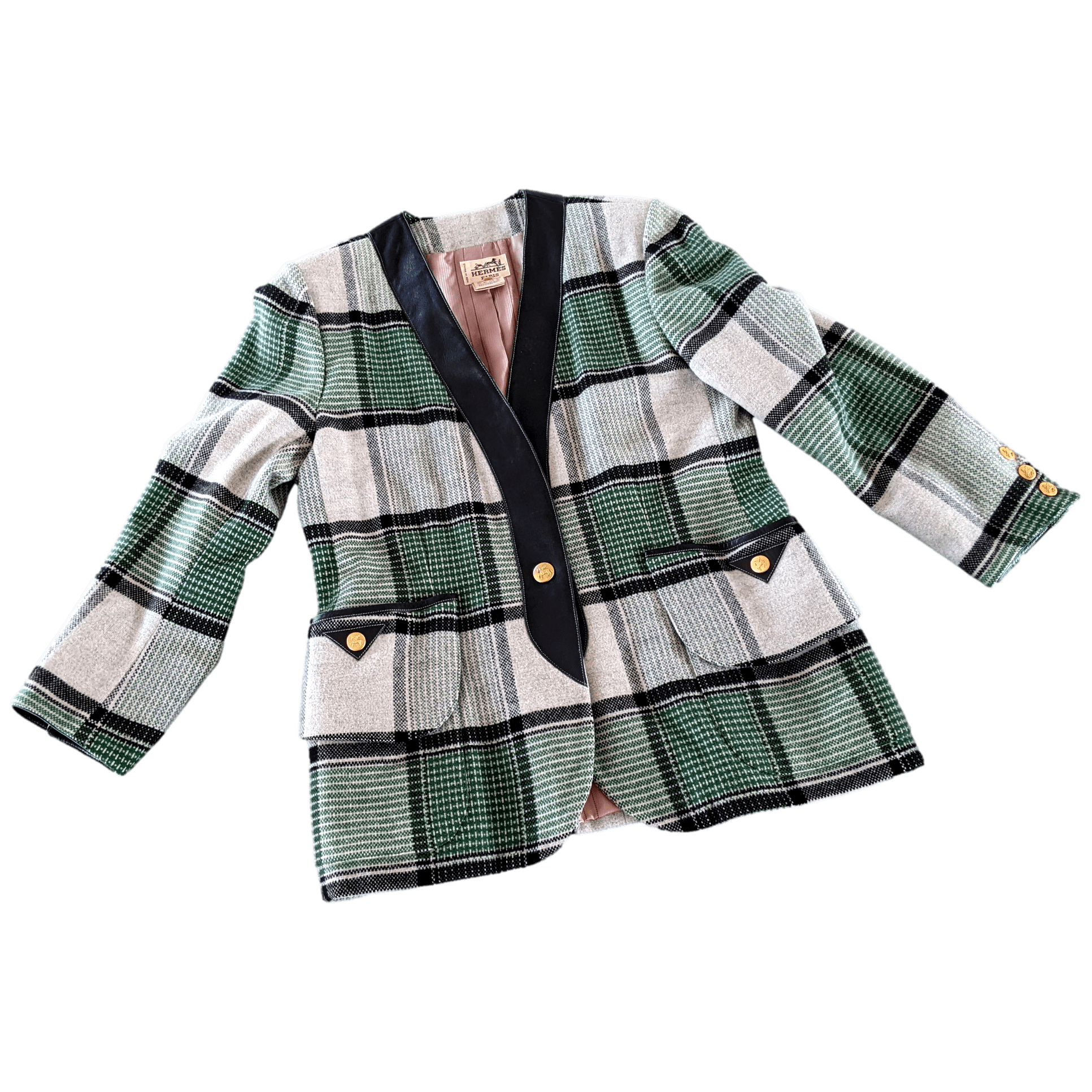 HERMES PEGASUS Women's Vintage Wool/Lambskin Tartan Plaid jacket F44