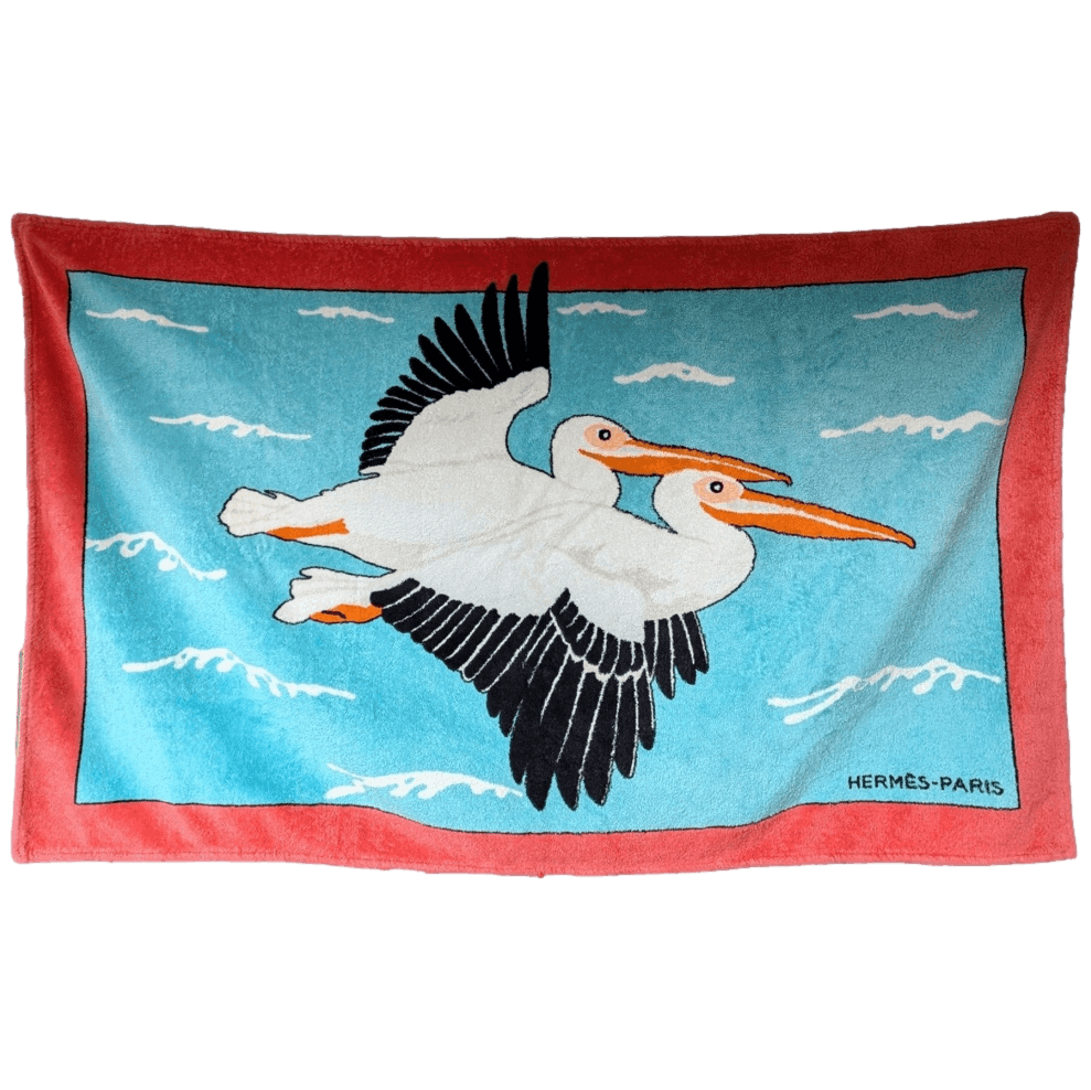 HERMES Pelicans Beach Towel Turquoise Coral Black GM 90 x 150 cm Pristine