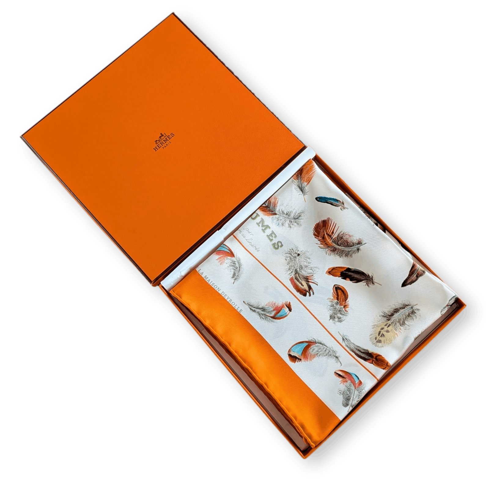 HERMES Plumes Special Issue for Maison Deyrolle Twill Silk Scarf 90 x 90 cm Orange Pristine Box