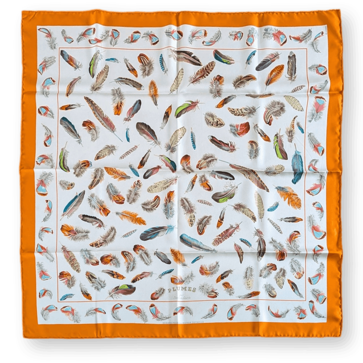 HERMES Plumes Special Issue for Maison Deyrolle Twill Silk Scarf 90 x 90 cm Orange Pristine Box