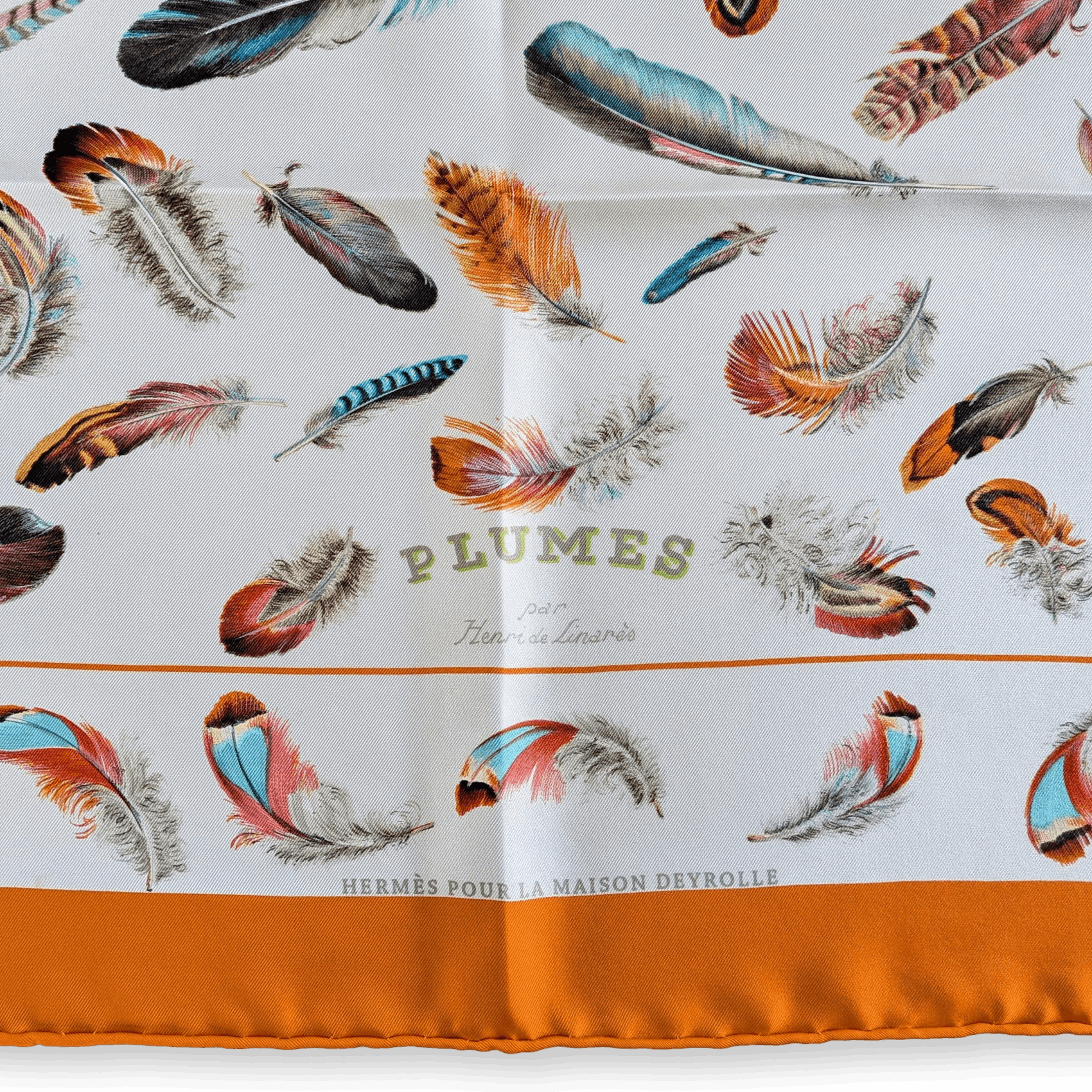 HERMES Plumes Special Issue for Maison Deyrolle Twill Silk Scarf 90 x 90 cm Orange Pristine Box