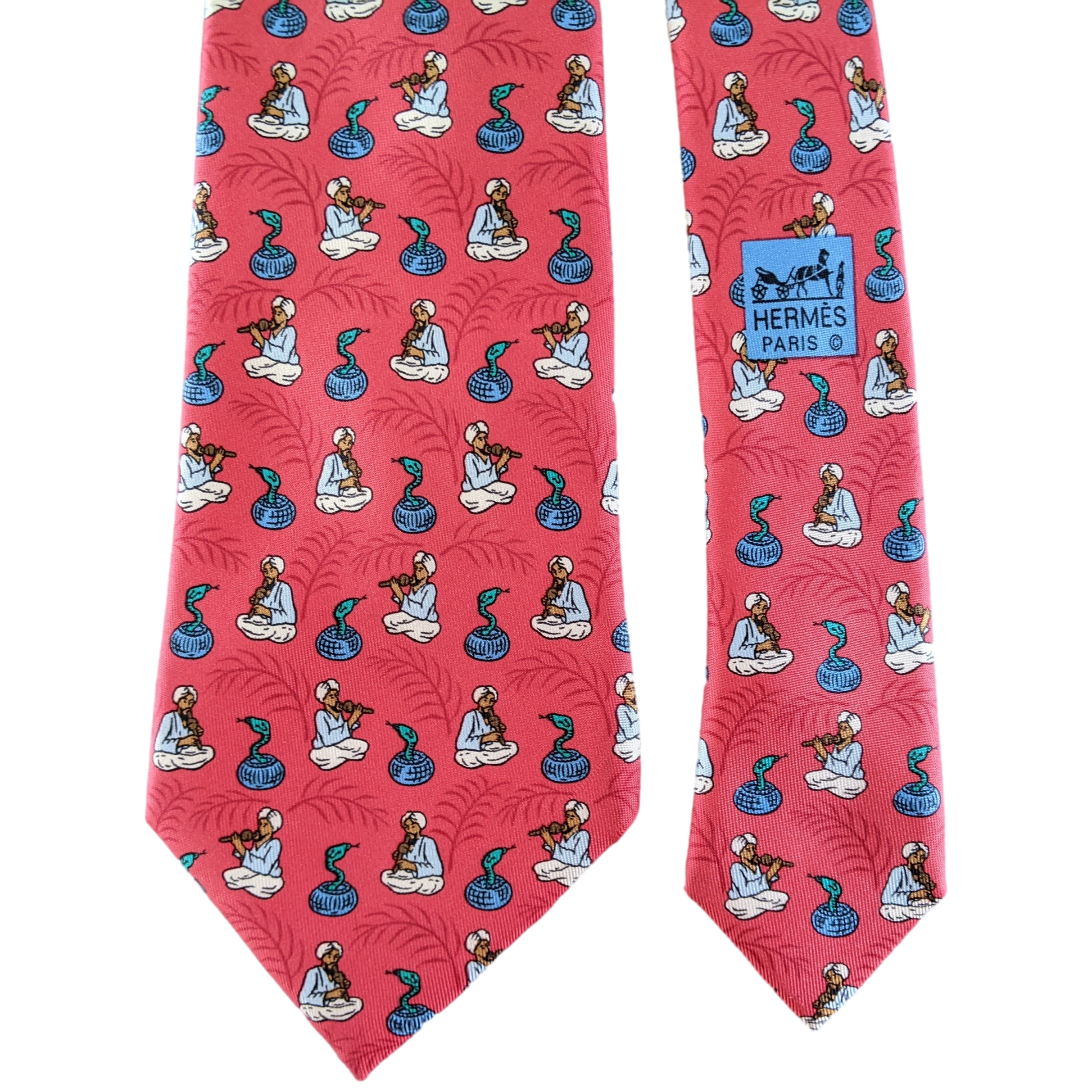 HERMES Vintage 1990's Snake Charmer Twill Silk Tie 9 cm