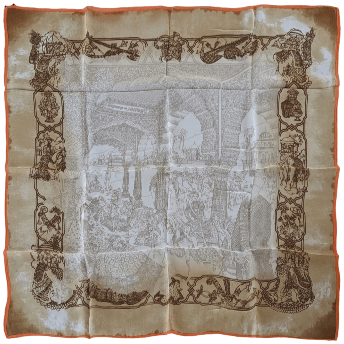 HERMES SPLENDEUR DES MAHARAJAS 2000s Old Parchment Paper Effect Chiffon Mousseline 90 x 90 cm