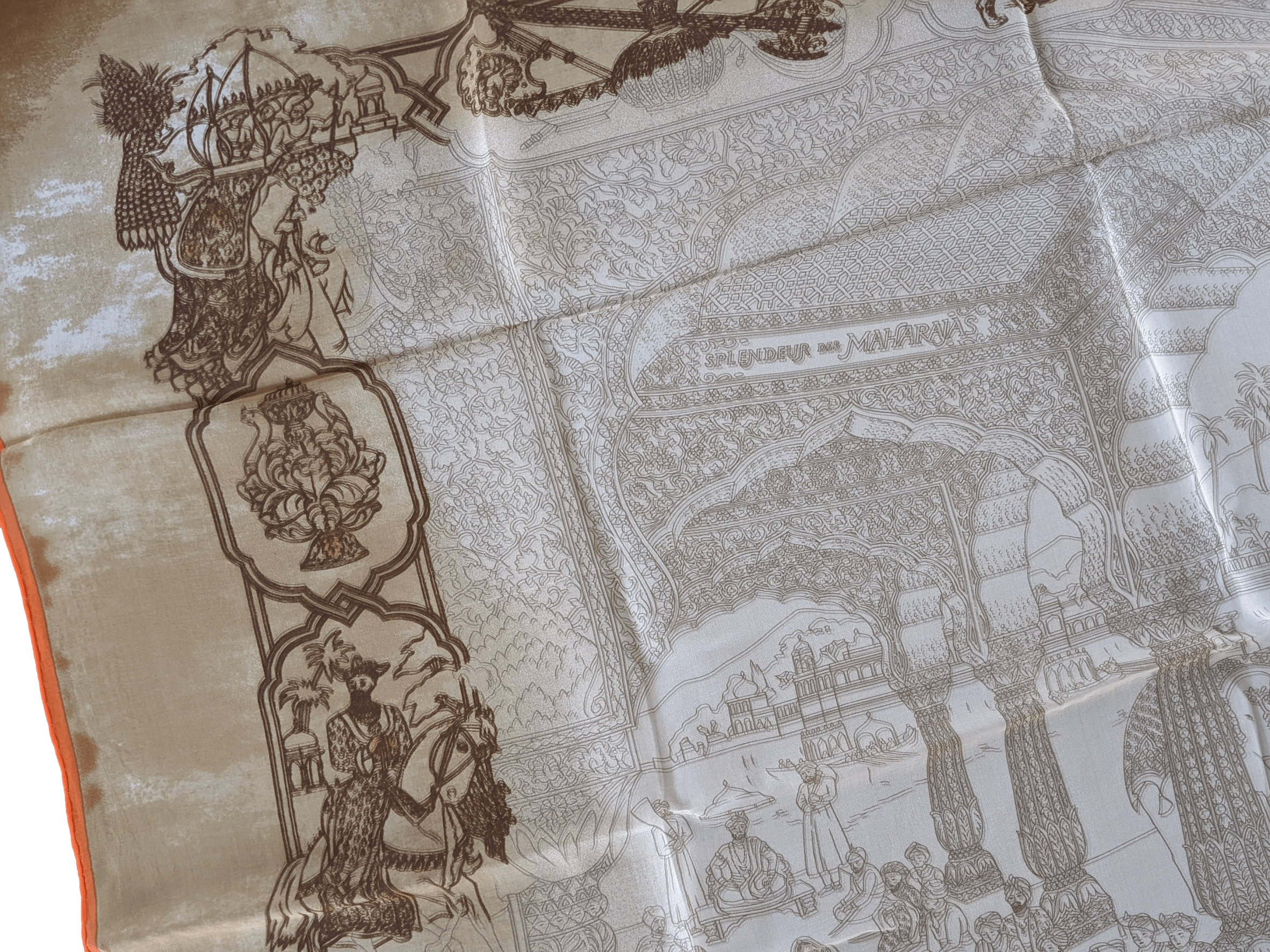 HERMES SPLENDEUR DES MAHARAJAS 2000s Old Parchment Paper Effect Chiffon Mousseline 90 x 90 cm