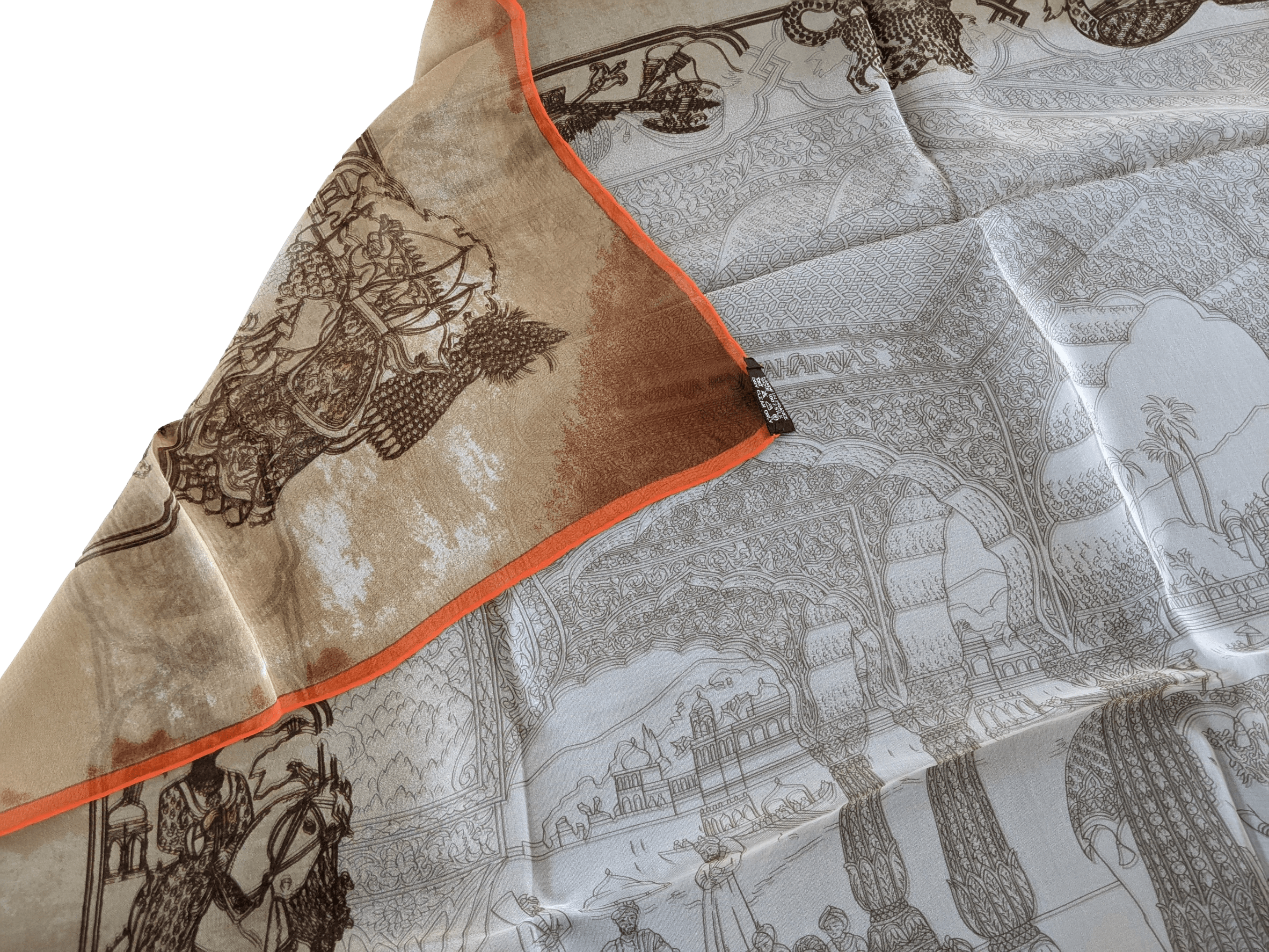 HERMES SPLENDEUR DES MAHARAJAS 2000s Old Parchment Paper Effect Chiffon Mousseline 90 x 90 cm