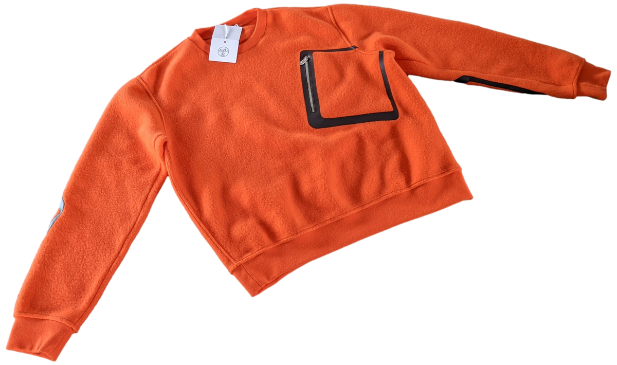 HERMES SWEAT COL ROND DETAIL CUIR Teddy Wool Crew-Neck Sweater SzL