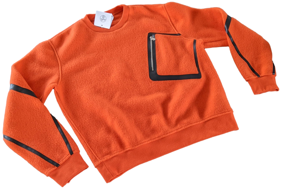 HERMES SWEAT COL ROND DETAIL CUIR Teddy Wool Crew-Neck Sweater SzL