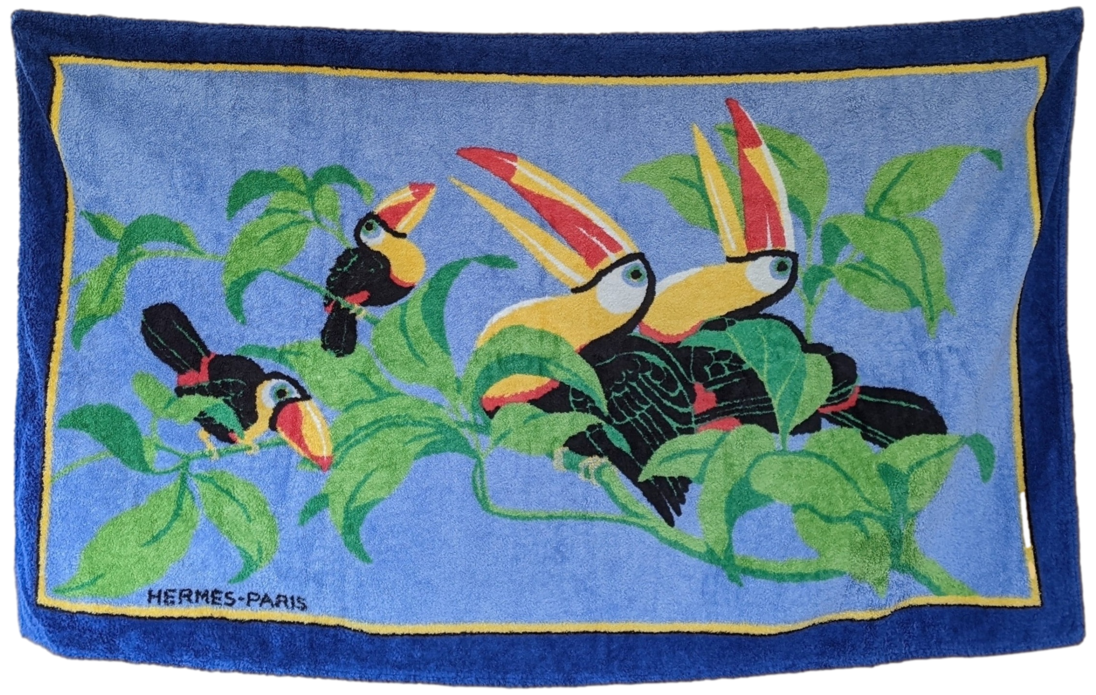 HERMES TOUCANS Vintage Cotton Terry Beach Towel 90 x 150 cm