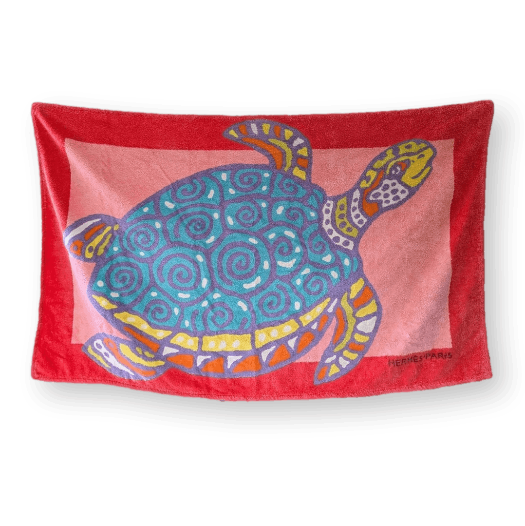 HERMES Turtle Beach Towel GM 90 x 150 cm Pink Turquoise Pristine Condition