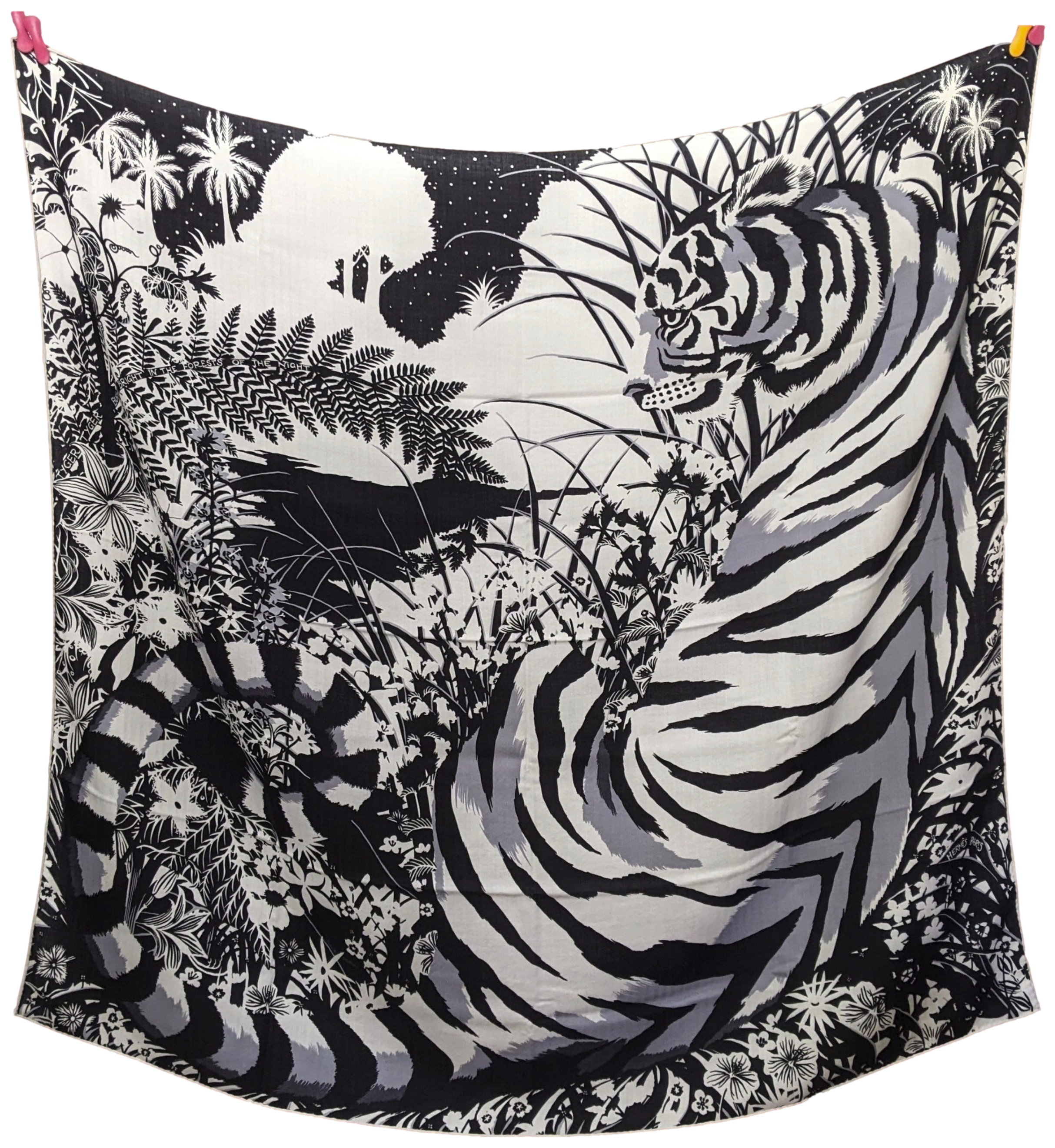 Hermes 2015 Noir/Blanc B/W "Tyger Tyger" by Alice Shirley Cashmere Shawl 140 x 140 cm