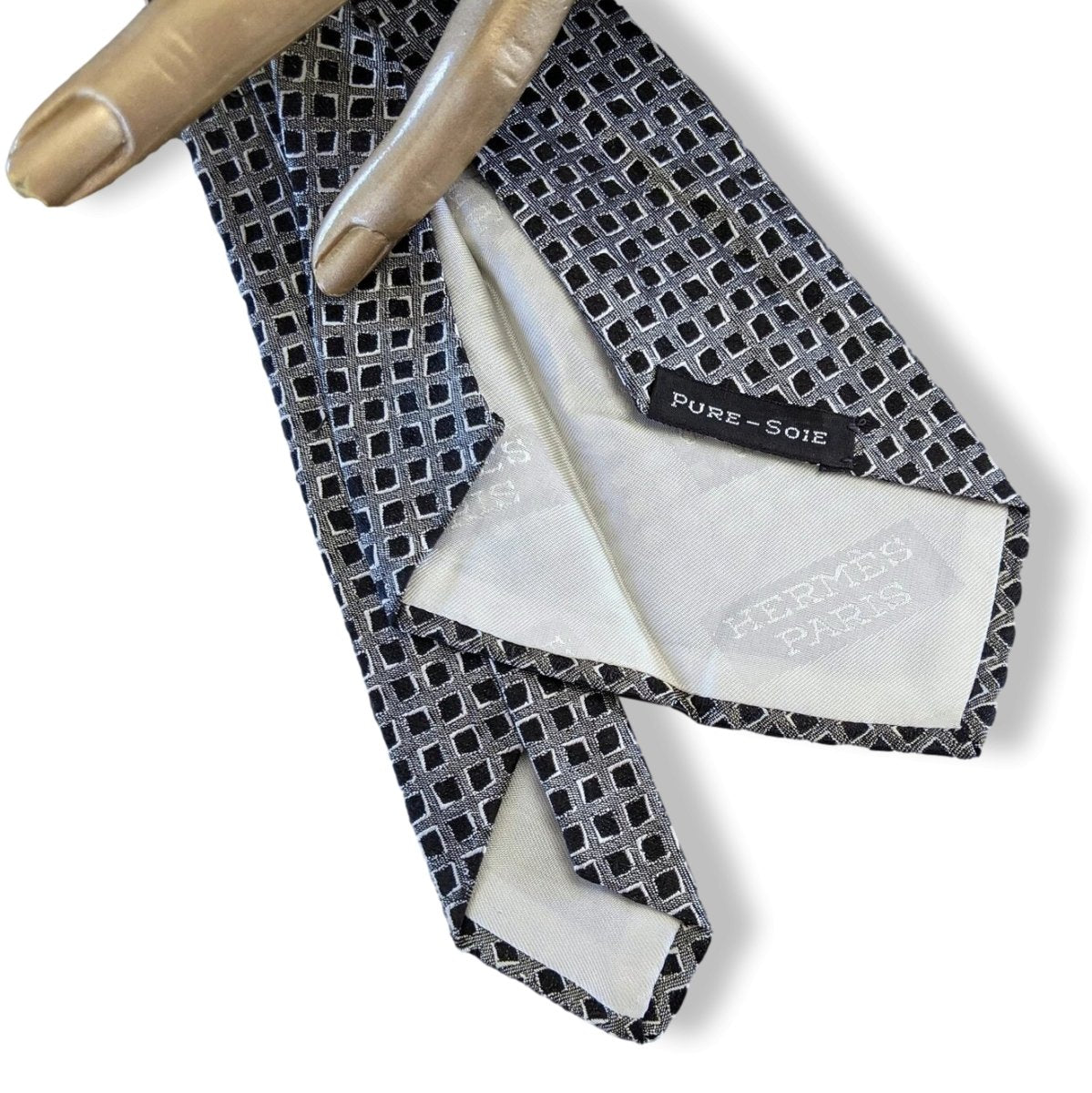 Hermes Vintage 60s Noir/Gris/Blanc Silk Tie Silk 6,5 cm/2.56", Retro look! - poupishop