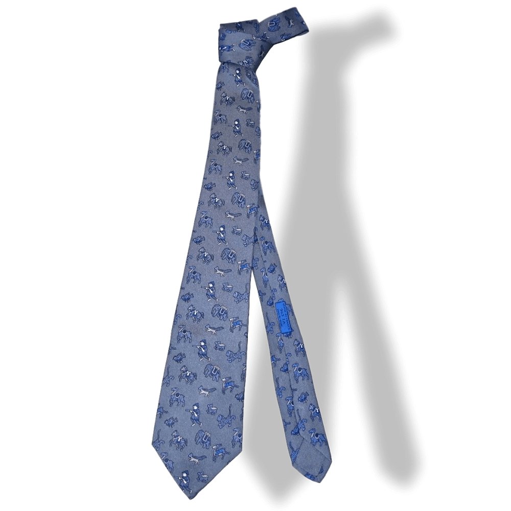 Hermes Vintage Bluish Grey White CHASSE EN INDE by Michel Duchene Twill Silk Tie, Nr 963 IA - poupishop