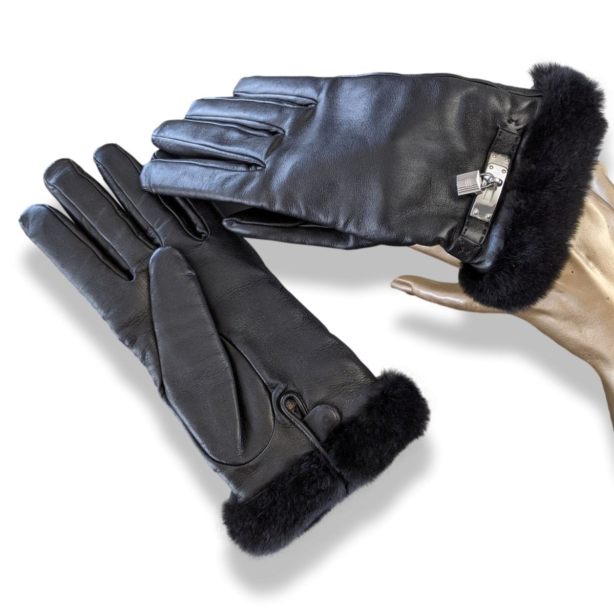 Hermes Women's Noir/Noir Lambskin/Mink Fur GANTS FEMME KELLY Gloves Sz7.5, New! - poupishop