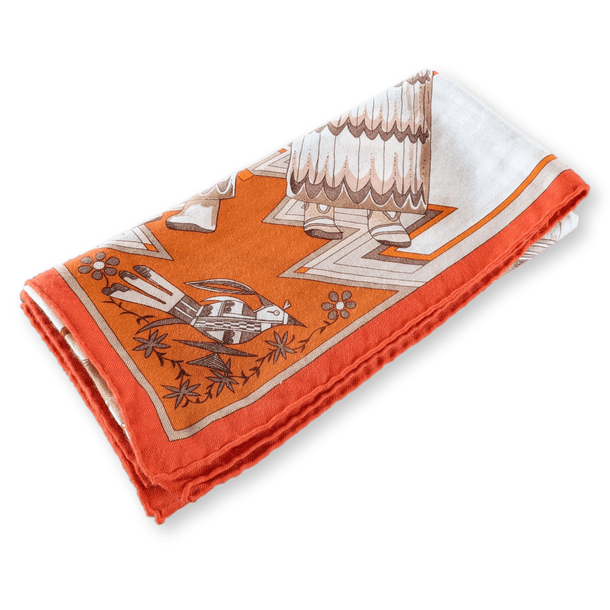 HERMES 2004 Orange Kachinas by Oliver Kermit Oliver Cashmere Shawl 140 x 140 cm