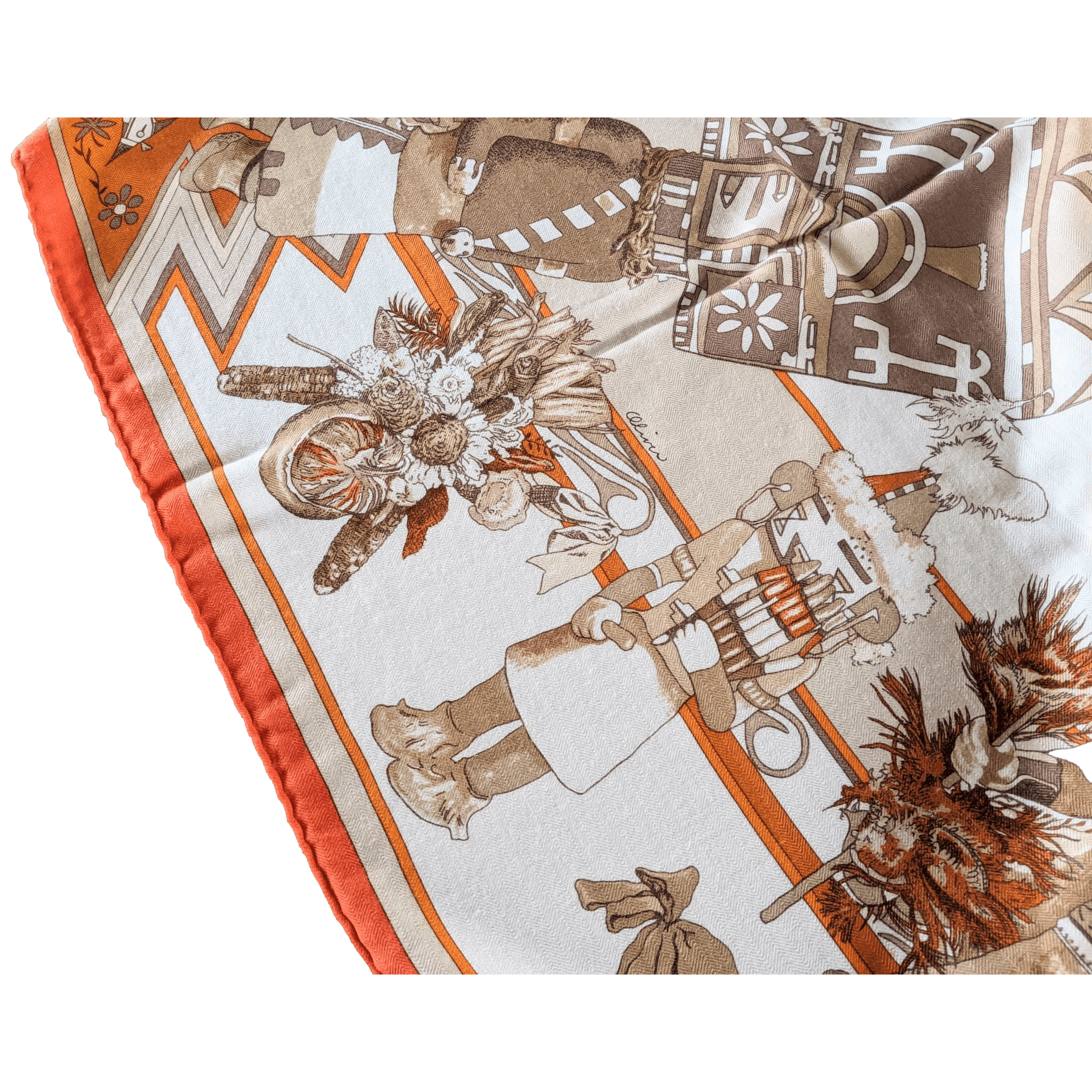 HERMES 2004 Orange Kachinas by Oliver Kermit Oliver Cashmere Shawl 140 x 140 cm