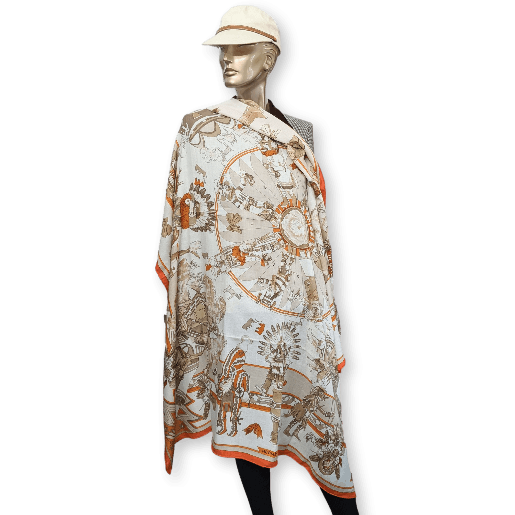 HERMES 2004 Orange Kachinas by Oliver Kermit Oliver Cashmere Shawl 140 x 140 cm