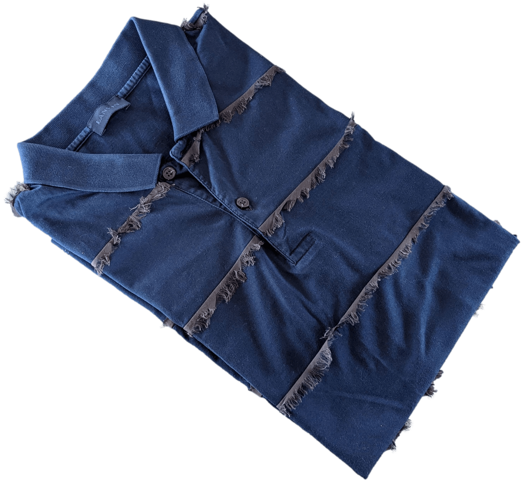 LANVIN Men's Navy Frayed Buttoned Polo Shirt, SzXXL
