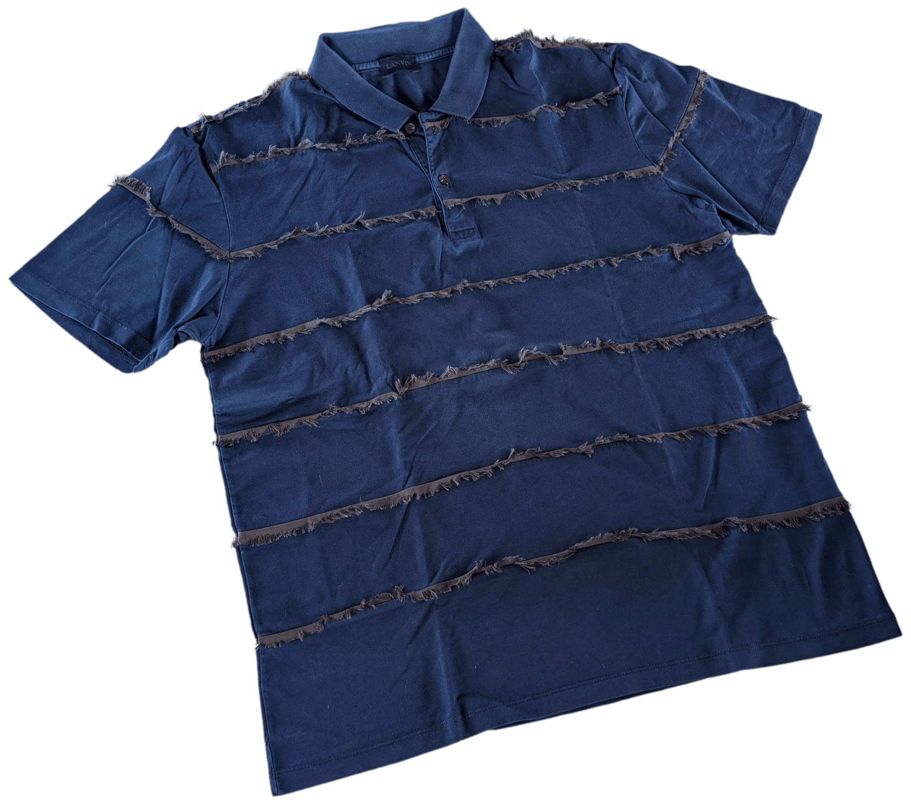 LANVIN Men's Navy Frayed Buttoned Polo Shirt, SzXXL