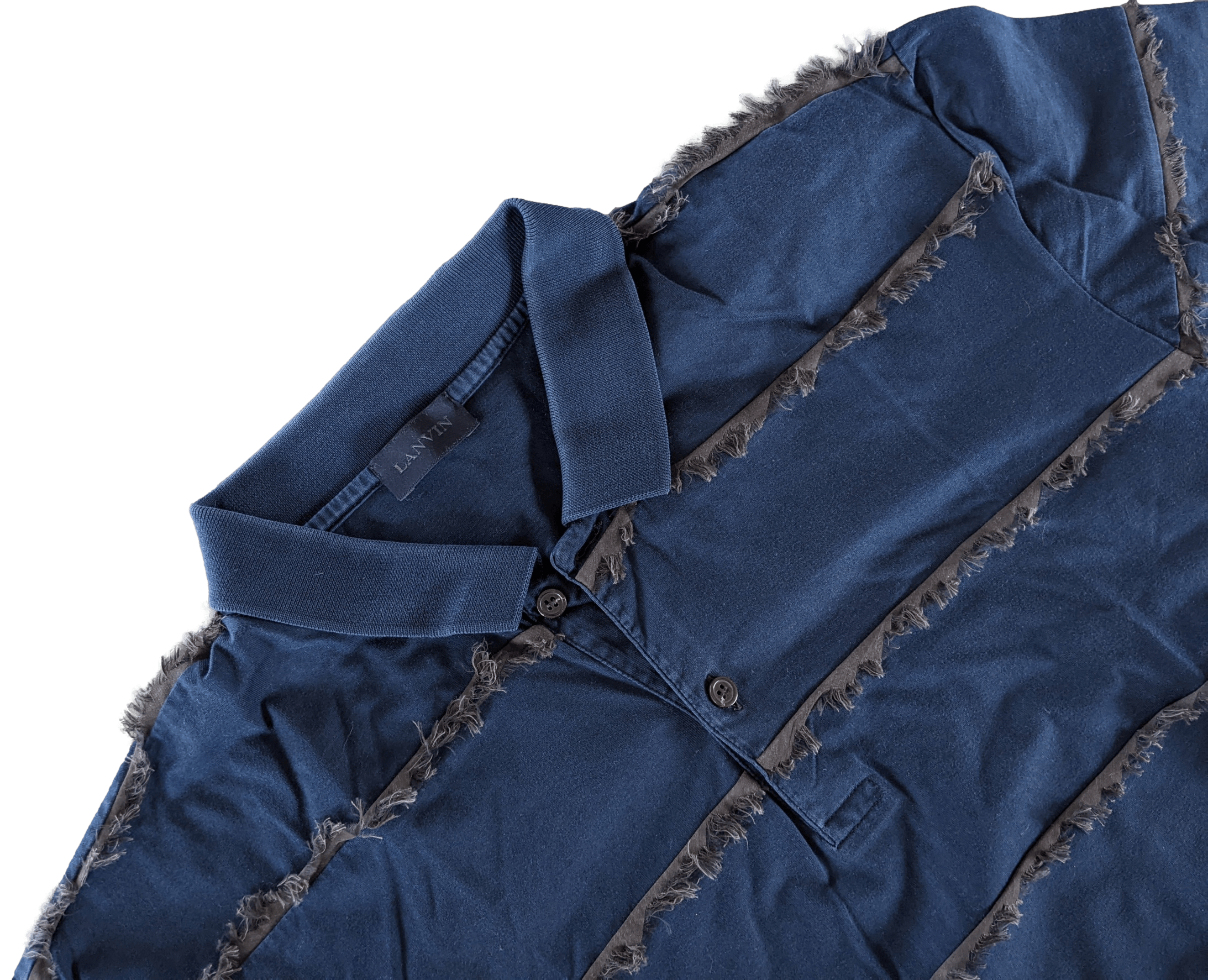 LANVIN Men's Navy Frayed Buttoned Polo Shirt, SzXXL