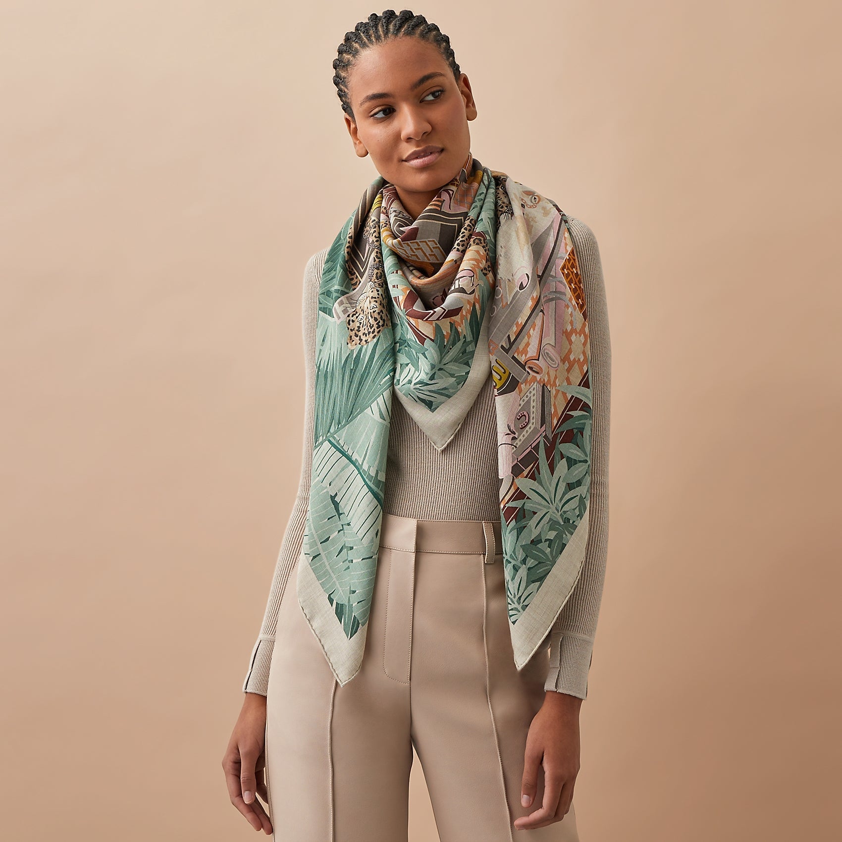 Hermes Naturel/Vert/Vieux Rose LES 12 LEOPARDS by Jin Kwon Cashmere Shawl 140, BNIB! - poupishop