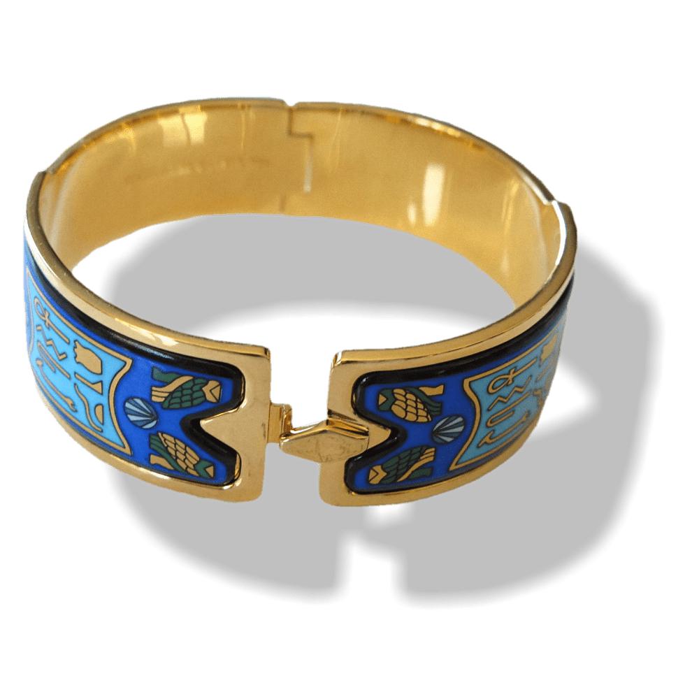 Michaela Frey TEAM Blue Turquoise Enamel & Plated Gold 18k Egypt Nefertiti Royal Claps Bangle Bracelet, New! - poupishop