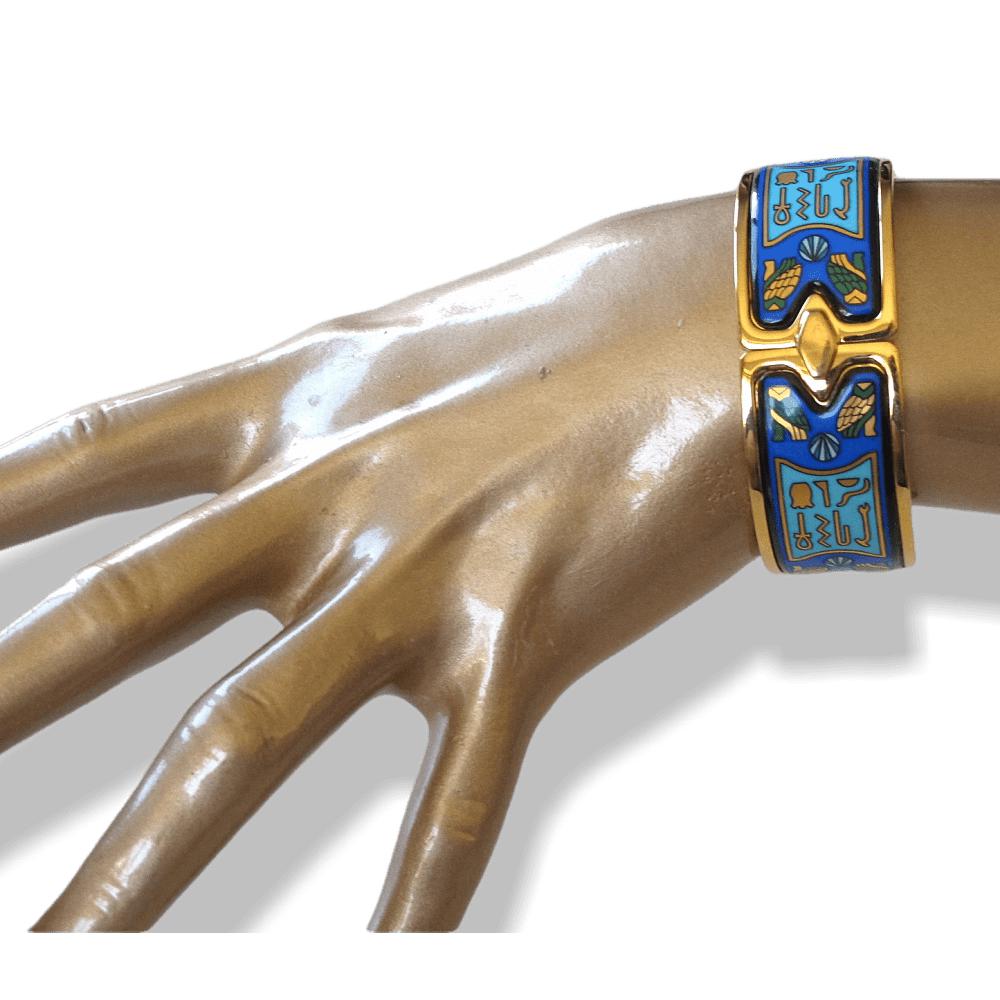Michaela Frey TEAM Blue Turquoise Enamel & Plated Gold 18k Egypt Nefertiti Royal Claps Bangle Bracelet, New! - poupishop