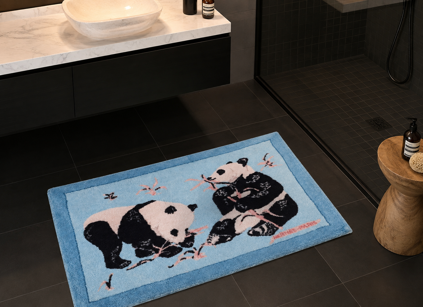 HERMES Pandas Cotton Terry Bath Mat PM 90 x 60 cm Turquoise White Pristine
