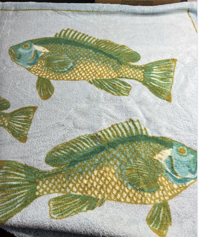 Hermes Vintage Pale Blue/Green "Bali" Cotton Terry Fish Beach Towel 90 x 150 cm