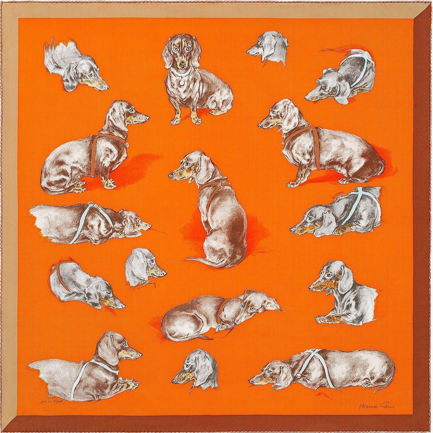 HERMES Orange/Sepia/Tabac LES BASSETS by Xavier de Poret Printed Silk 70, BNWTIB! - poupishop