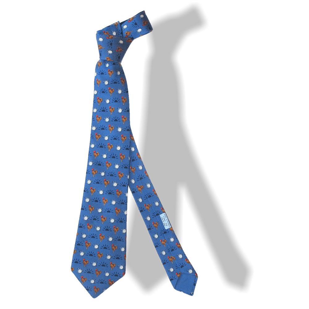 Hermes Blue Chickens Animal Twill Silk Tie