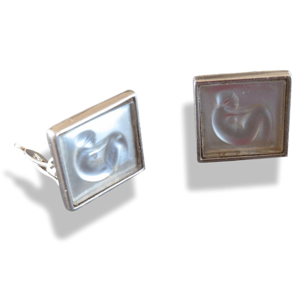 Lalique Silver 800 Nude Poured and Pearly Glass Crystal Clip on Earrings, Box!
