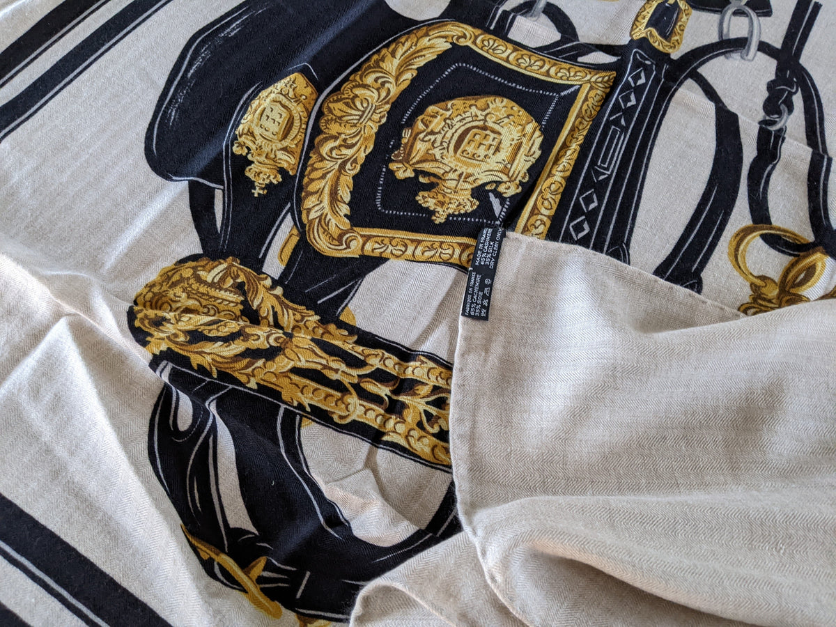 Hermes Naturel/Noir/Or BRIDES DE GALA by Hugo Grygkar Cashmere 65%/35% Silk Shawl 140 RARE!