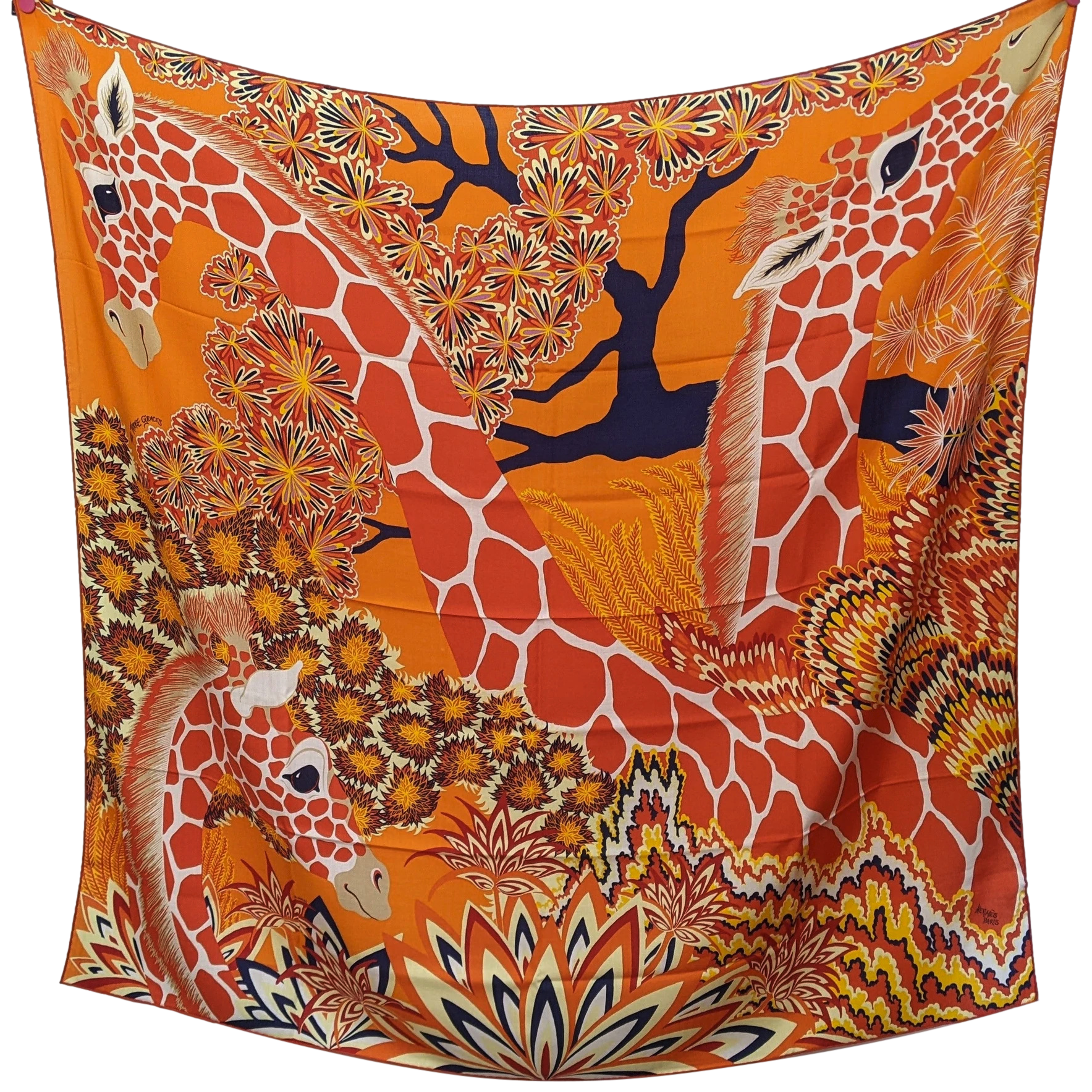Hermes Orange/Capucine/Marine Girafes "The Three Graces" by Alice Shirley Cashmere Shawl 140