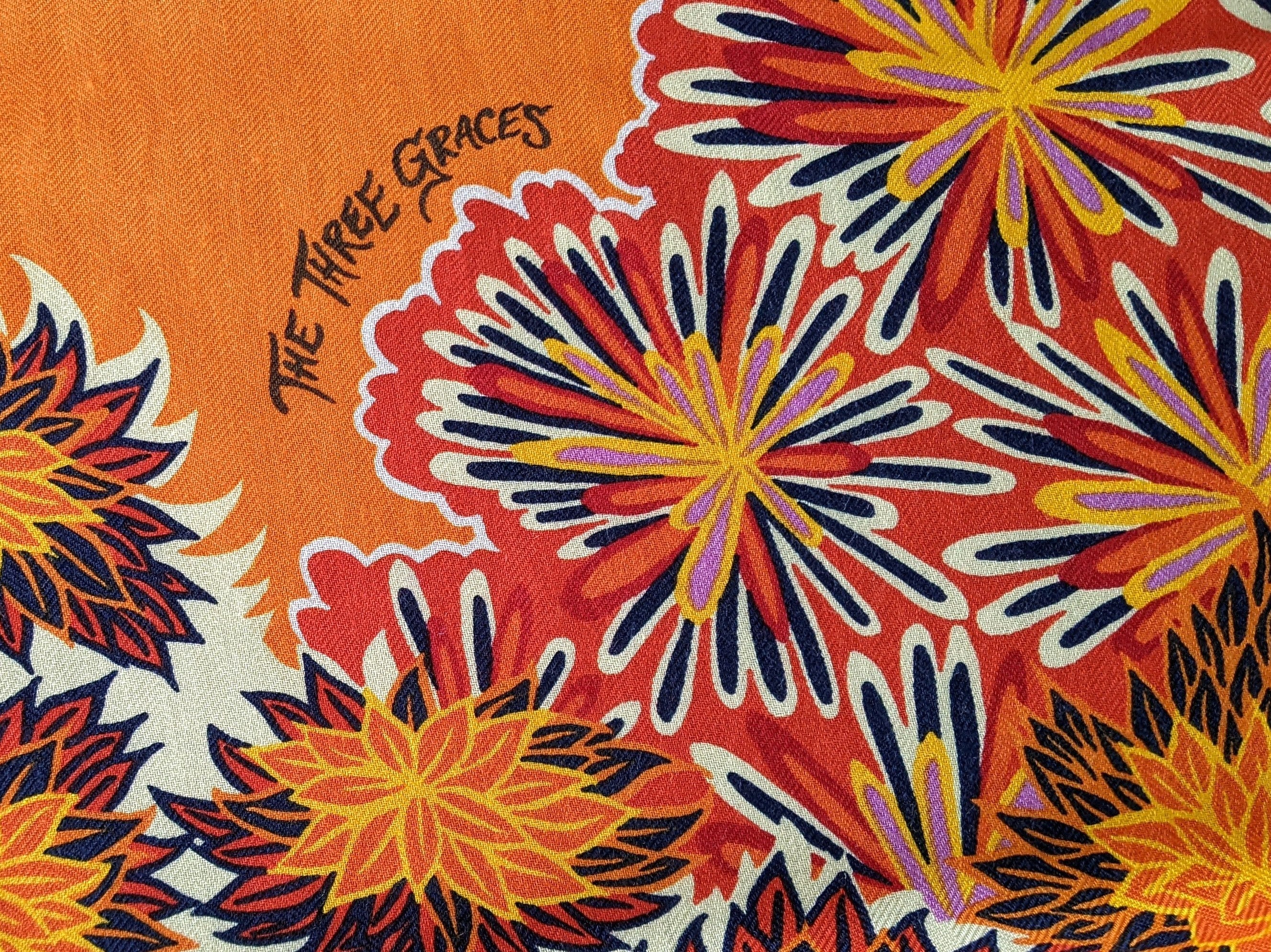 Hermes Orange/Capucine/Marine Girafes "The Three Graces" by Alice Shirley Cashmere Shawl 140