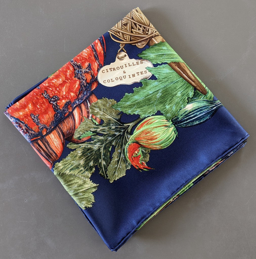 Hermes 1998 Navy Citrouilles et Coloquintes by Valerie Dawlat with Blanc Matt Overlay Twill 90cm Mint!
