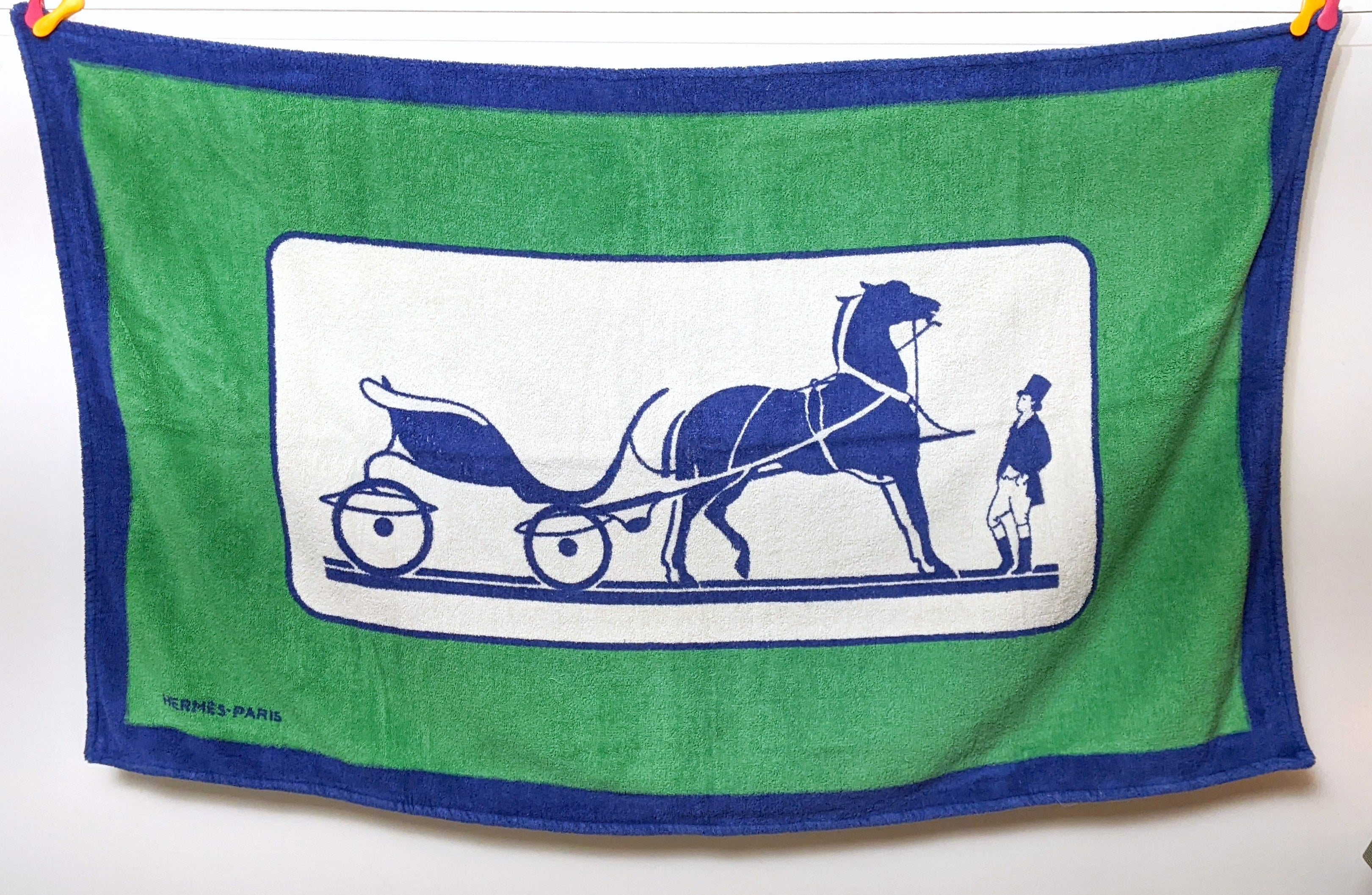 Hermes Bleu/Vert/Blanc "Caleche" Terry Beach Towel 150 x 90 cm
