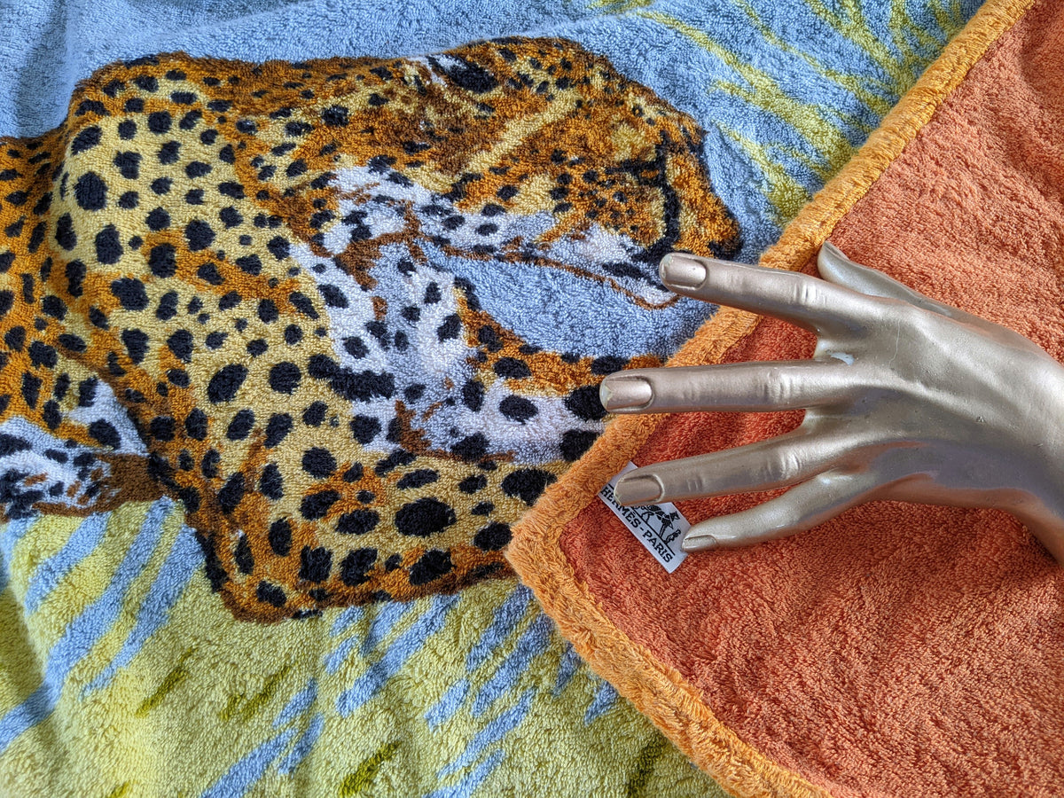 Hermes Orange/Bleu " Les Guepards " by Robert Dallet Tapis de Plage Terry Beach Towel 150 x 90 cm