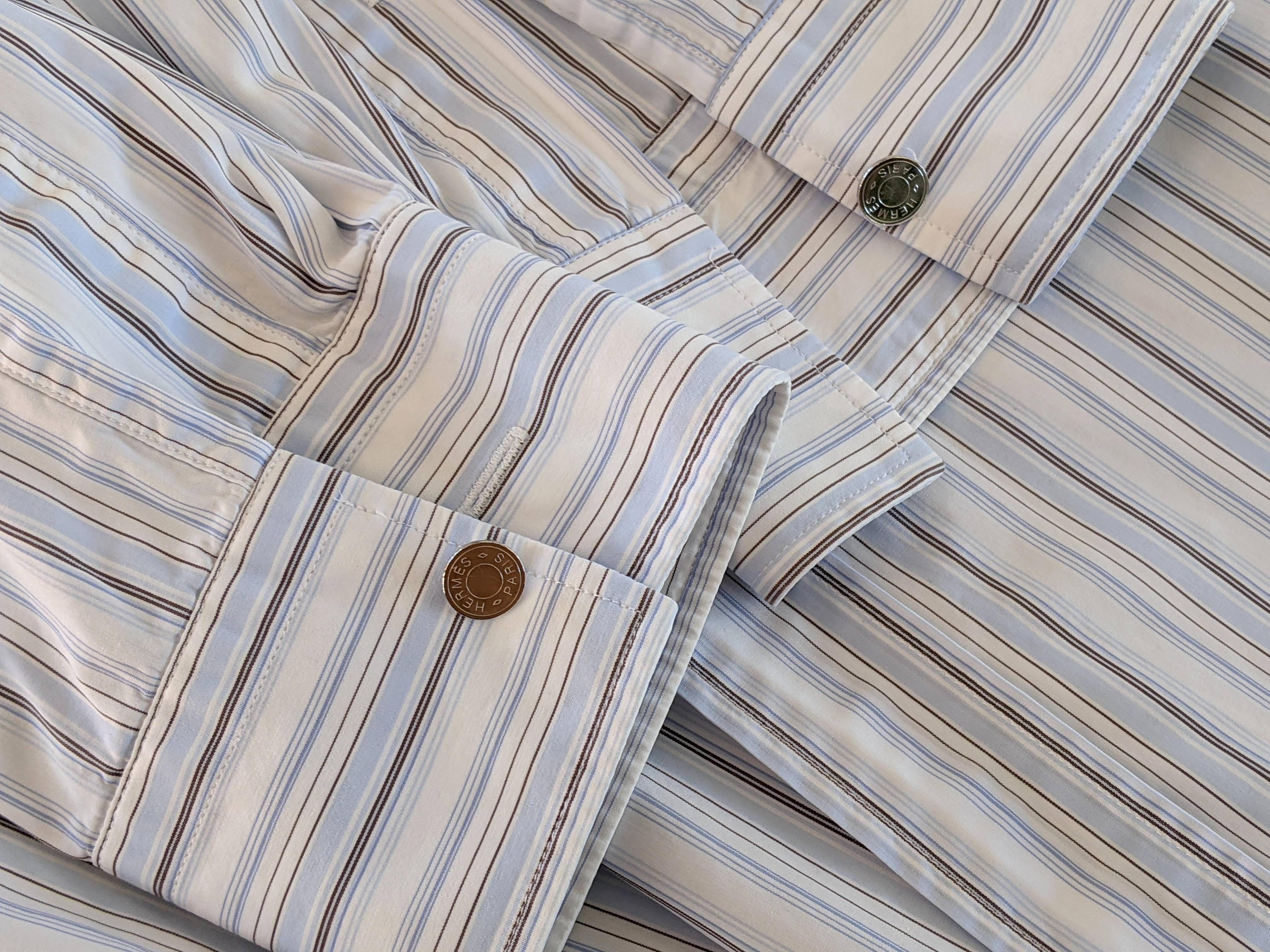 Hermes Men's Blue Lined Cotton Long Sleeves Shirt, Sz44