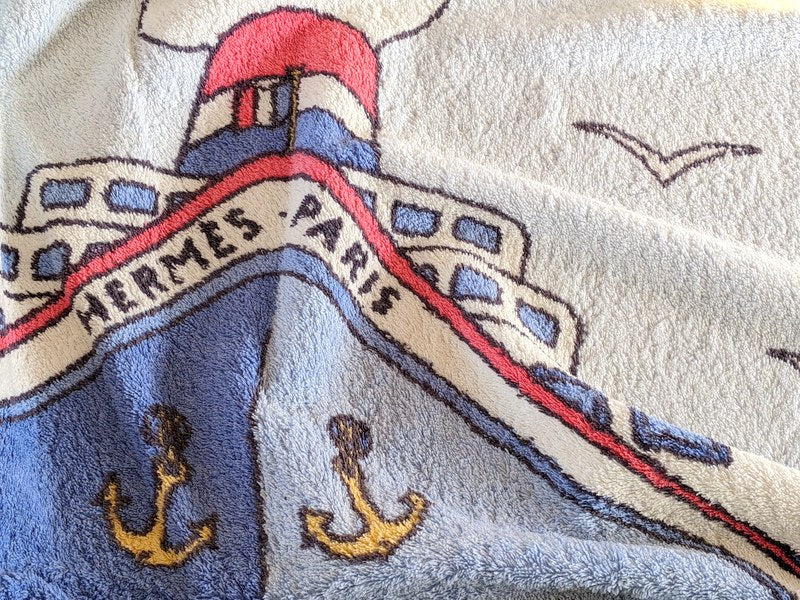 Hermes Vintage Blue/Baby Blue Boat "Paquebot" Print Terry Cotton Beach Towel