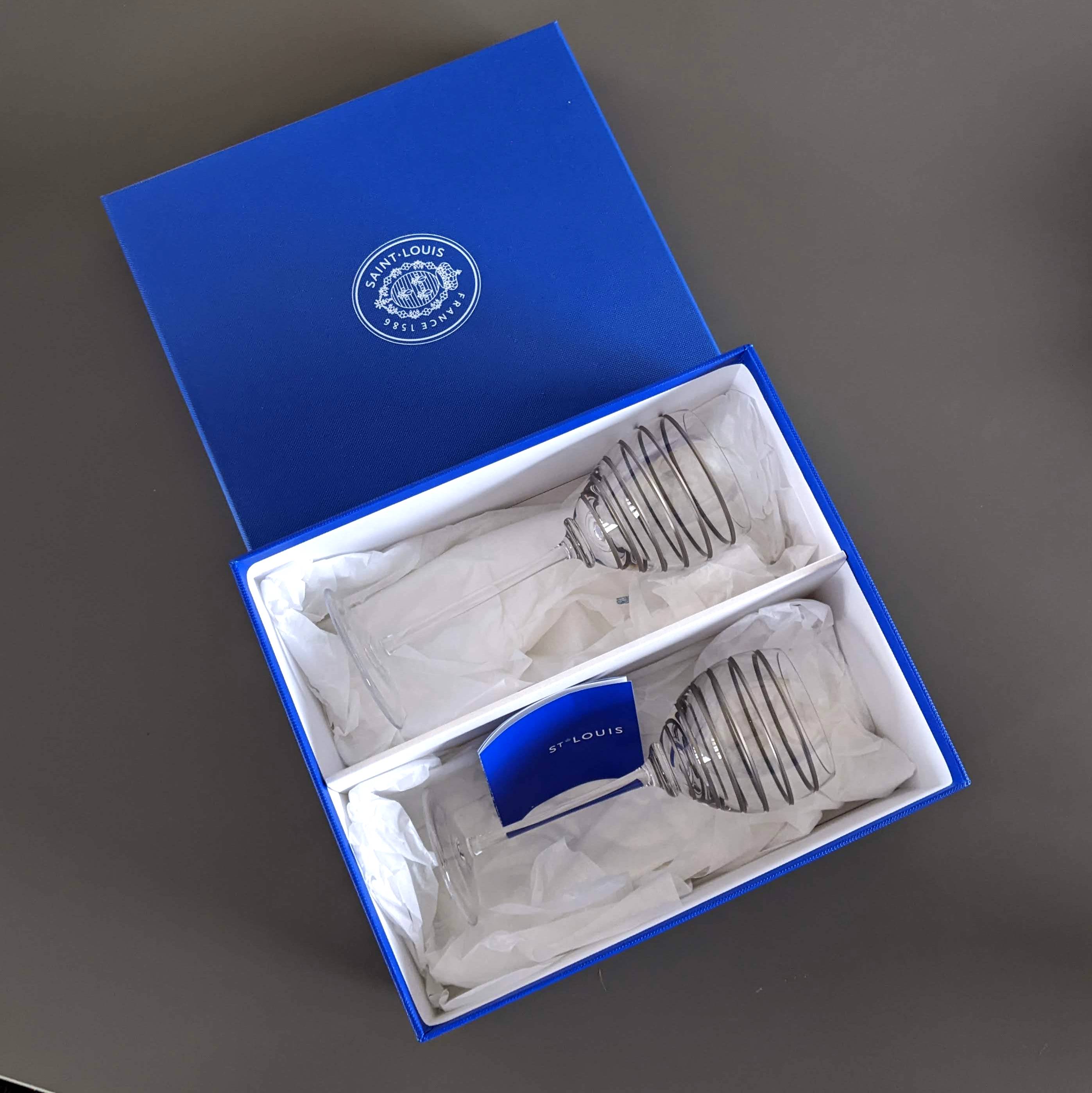 Hermes 2007 Saint Louis Crystal "Fanfare" Set of 2 Glasses (Wine + Water), NIB!